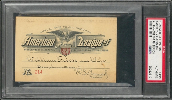 1929 American League Pass To All Parks - Valid For Babe Ruths 46 Home Run Season (PSA)